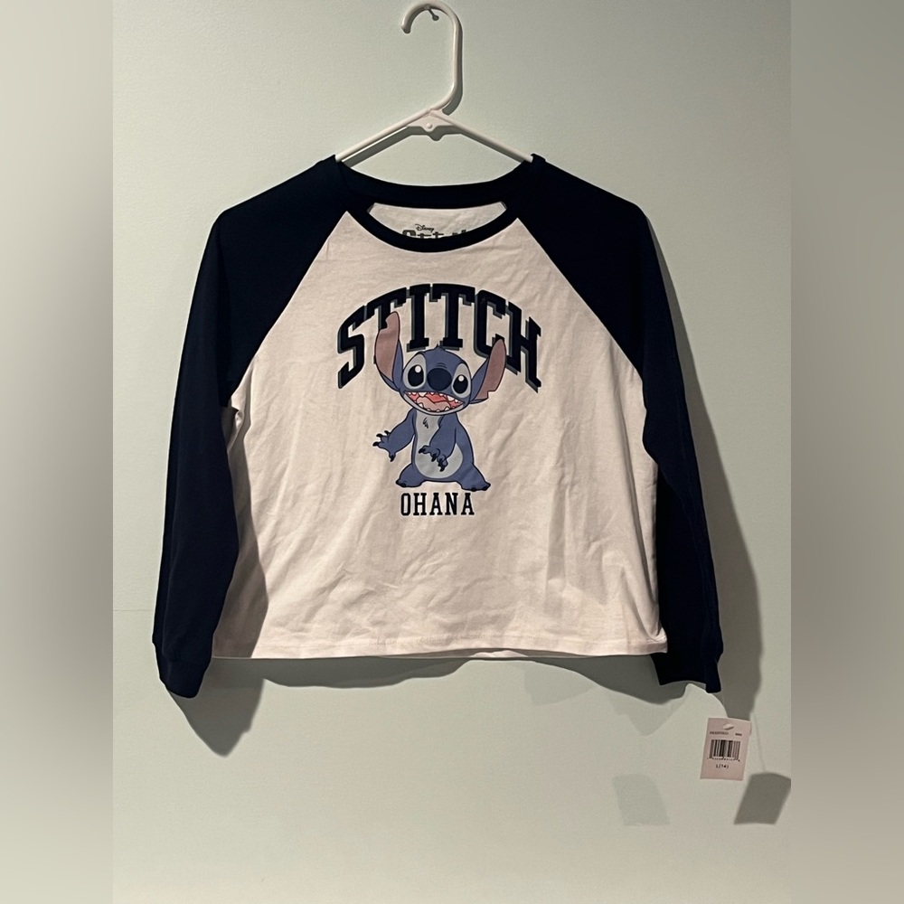 Stitch Ohana Disney Girls Raglan Shirt - Navy Blue & White, Size Large (14)